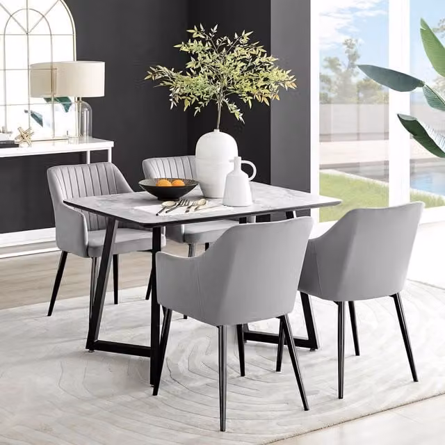 FurnitureboxUK Carson White Marble Effect Dining Table and 4 Calla Black Leg Chairs in Grey – 1