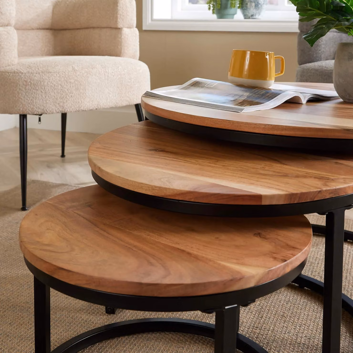 Home Source Nest of 3 Round Acacia Wood and Metal Tables in Brown – 4