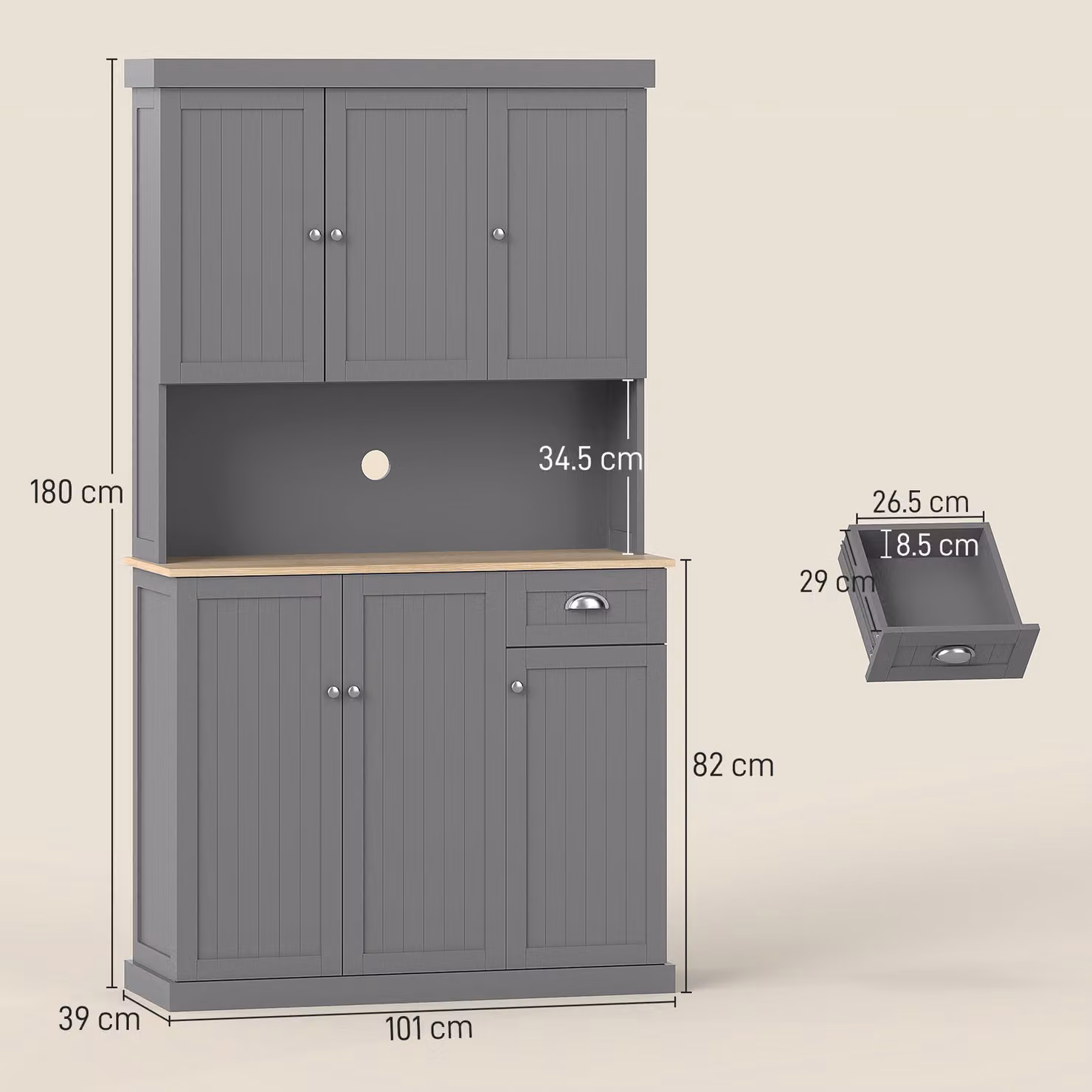 HOMCOM Modern Grey Kitchen Storage Cabinet with Open Countertop, Drawer and 6 Doors, Width: 180 cm – 2
