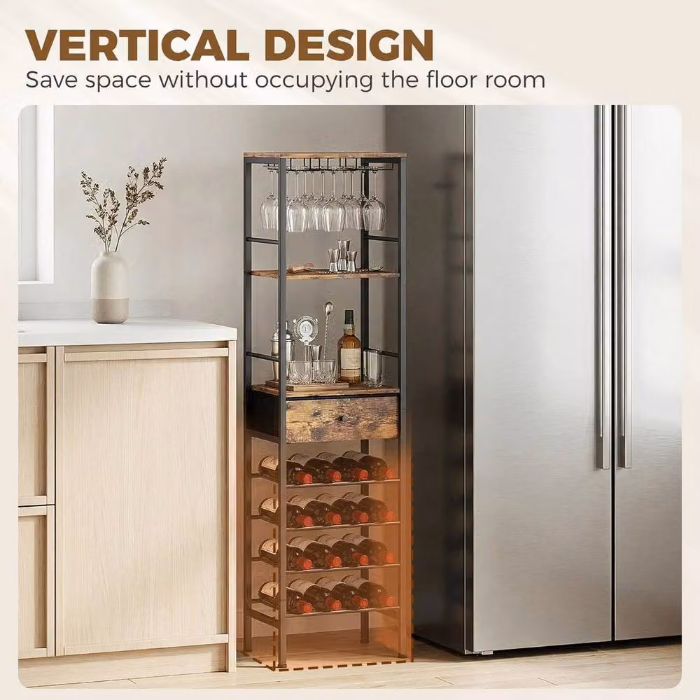 EONLION Brown Industrial Wine Bar Cabinet with Glass Doors, Bottle Rack and Internal Drawers, W/D/H: 100 x 29 x 148.5 cm – 5