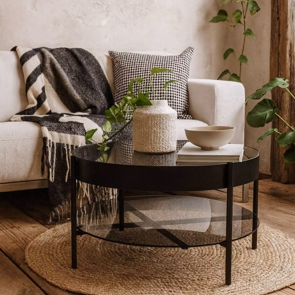 Wyld Haus Tampere Round Coffee Table with Grey Glass Lift Top and Black Frame, W/D/H: 75 x 75 x 45 cm – 2