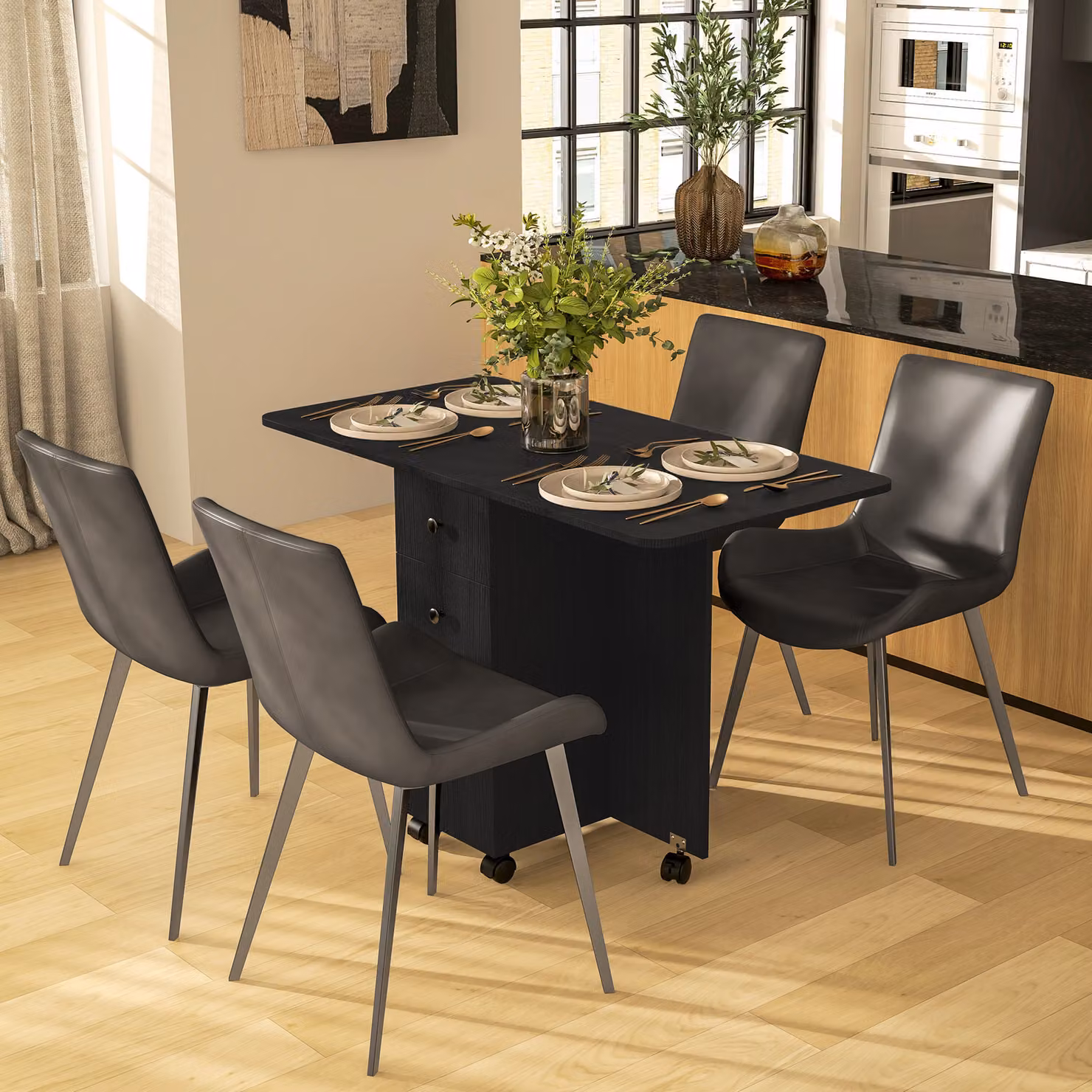 HOMCOM Multi-Storage Six-Person Drop Leaf Dining Table in Distressed Black – 2