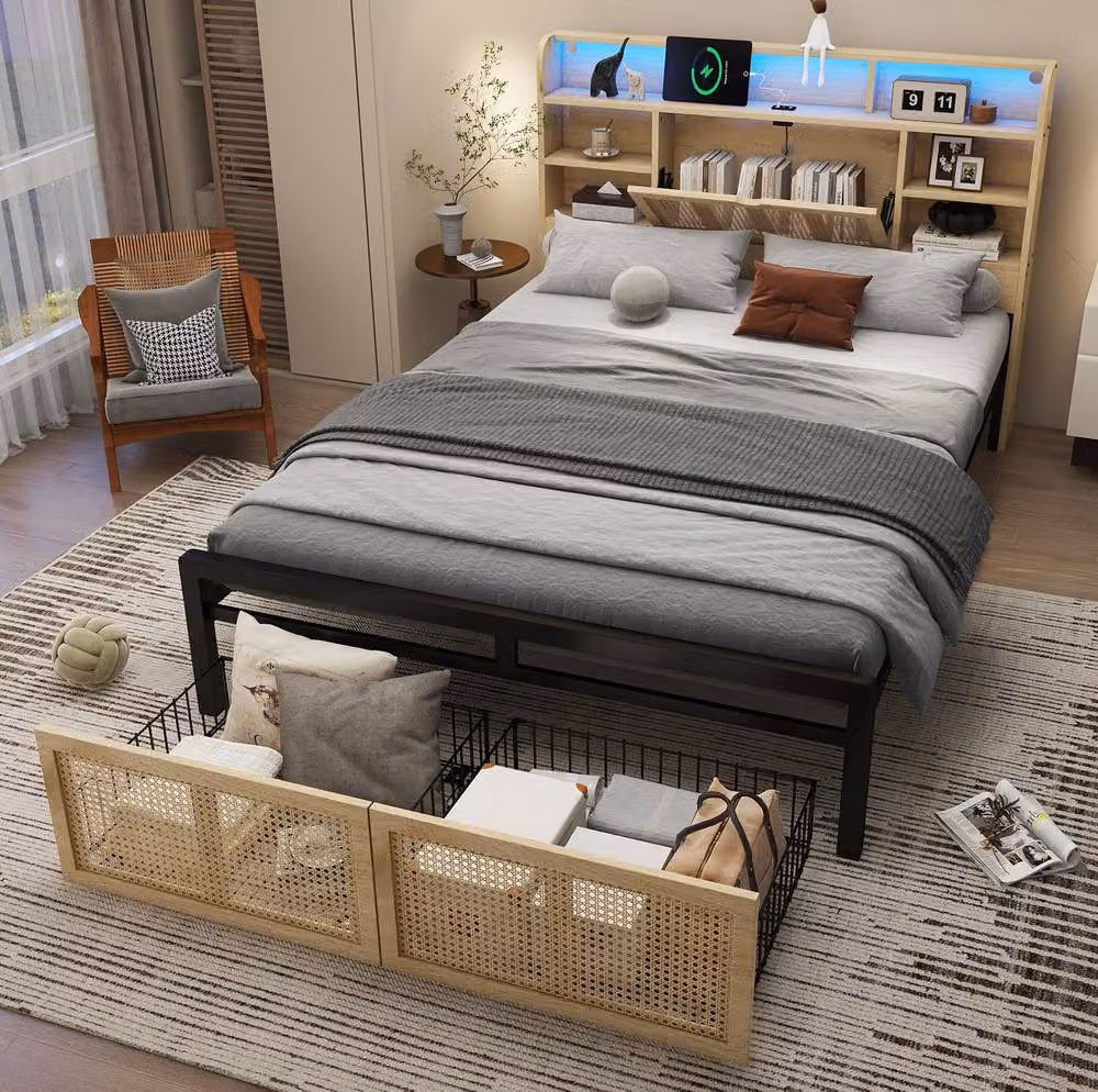 STILVORA 4ft6 Double Bed with LED Lighting, USB Charging Port and Drawers in Beige, W/D/H: 140 x 200 x 137.16 cm – 3