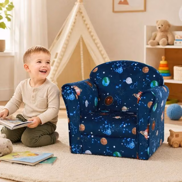 STILVORA Children's Armchair with Solid Wood Frame and Blue Fabric Upholstery – 1