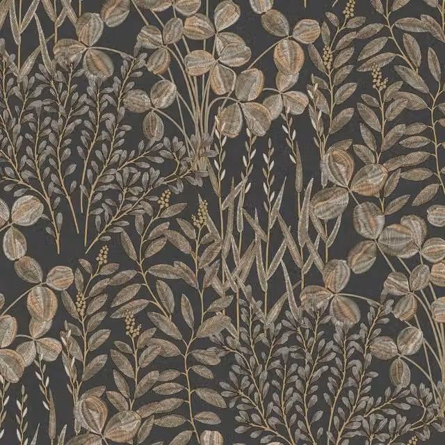 Grandeco Inia Stitched Embroidery Foliage Textured Wallpaper in Anthracite, Gold and Beige