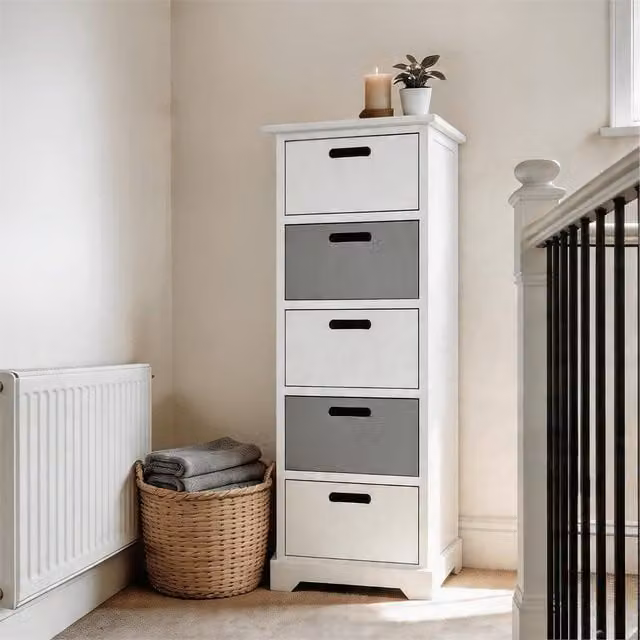 Nordara White 5 Drawer Wooden Chest of Drawers Hallway Storage Organiser W: 110 cm, D: 15 cm