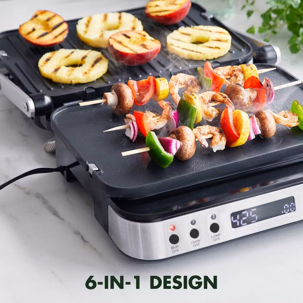 GreenPan Bistro 6-in-1 Contact Grill and Griddle with Silver Ceramic Non-Stick Coating – 9