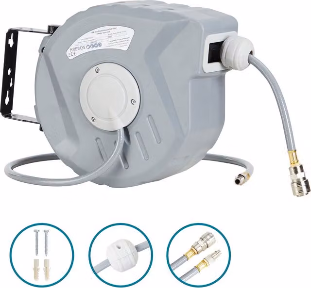 AREBOS Wall Mounted Compressed Air Hose Pipe Reel in Grey