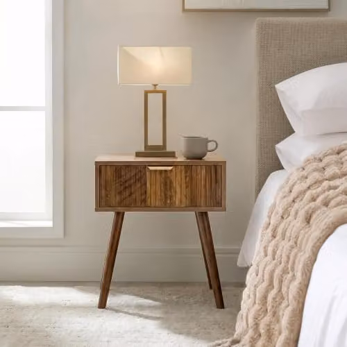 OHS Modern Ribbed Wood Bedside Table with 1 Drawer in Walnut, W: 40 cm, D: 30 cm, H: 45 cm – 2