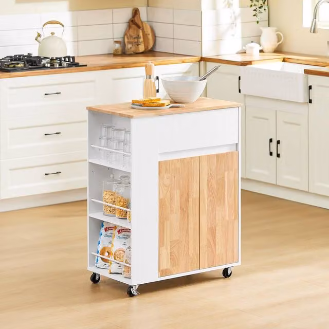 SoBuy Country House Kitchen Trolley with Rubberwood Top in White – 1