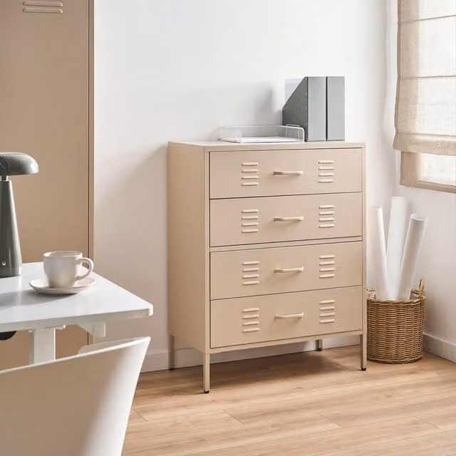 Wyld and Coco Beige Four-Drawer Metal Chest for Home or Office Storage – 1