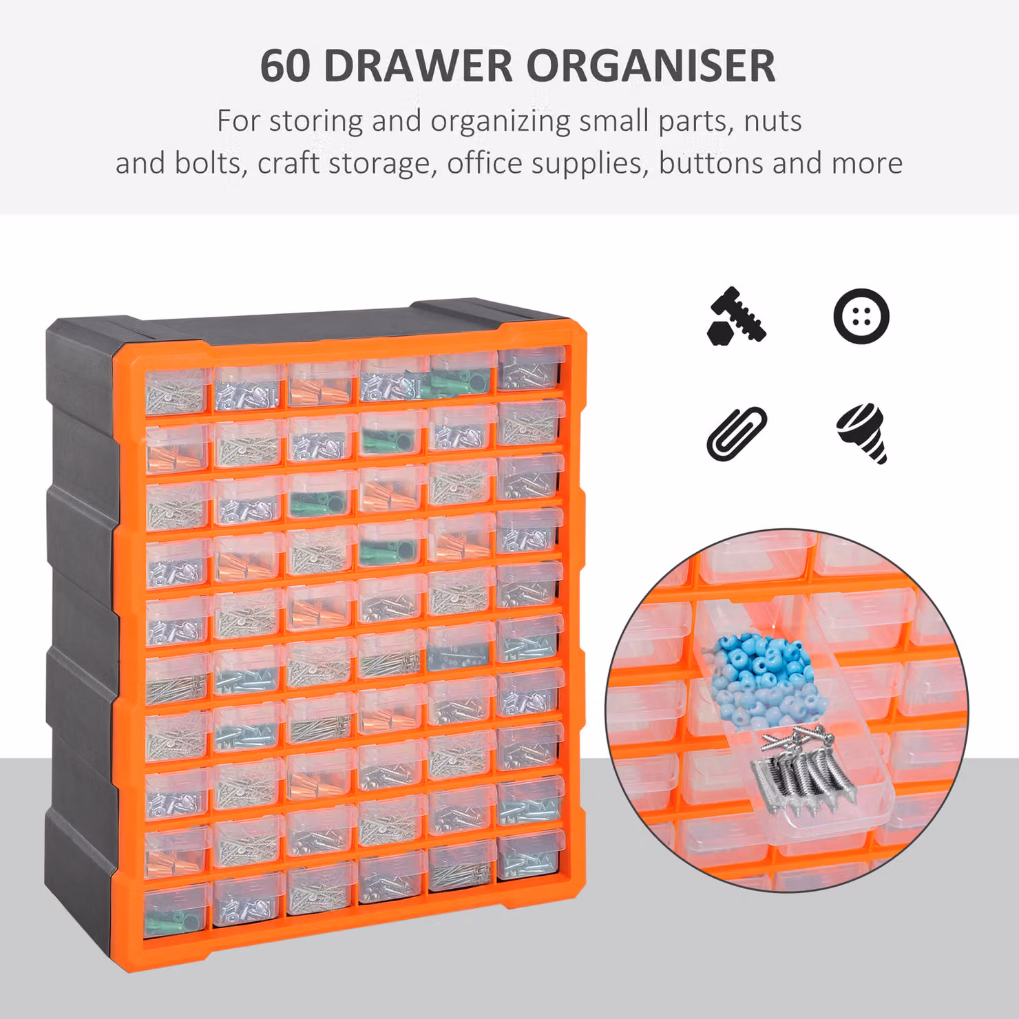 DURHAND Wall-Mounted 60-Drawer Plastic Parts Organiser Cabinet in Orange and Transparent – 6