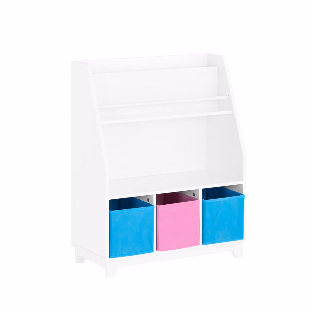 SoBuy Kids Bookcase with 3 Fabric Baskets in White and Grey – 2