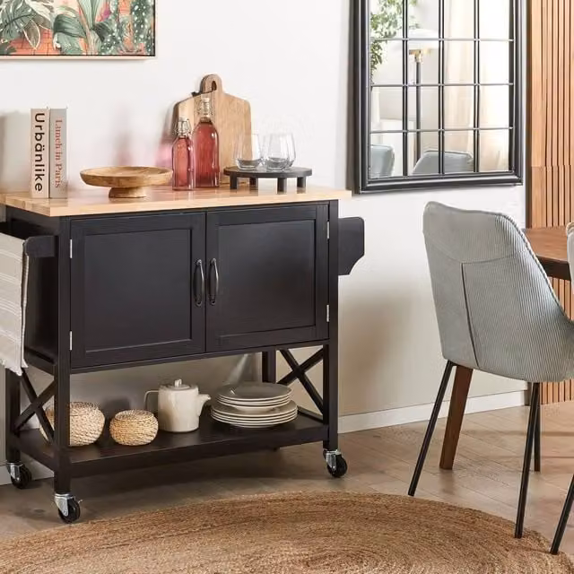 Wyld Haus Scandinavian Kitchen Trolley in Black MDF with Light Pine Wood Top, W: 102 cm, D: 44 cm, H: 90 cm