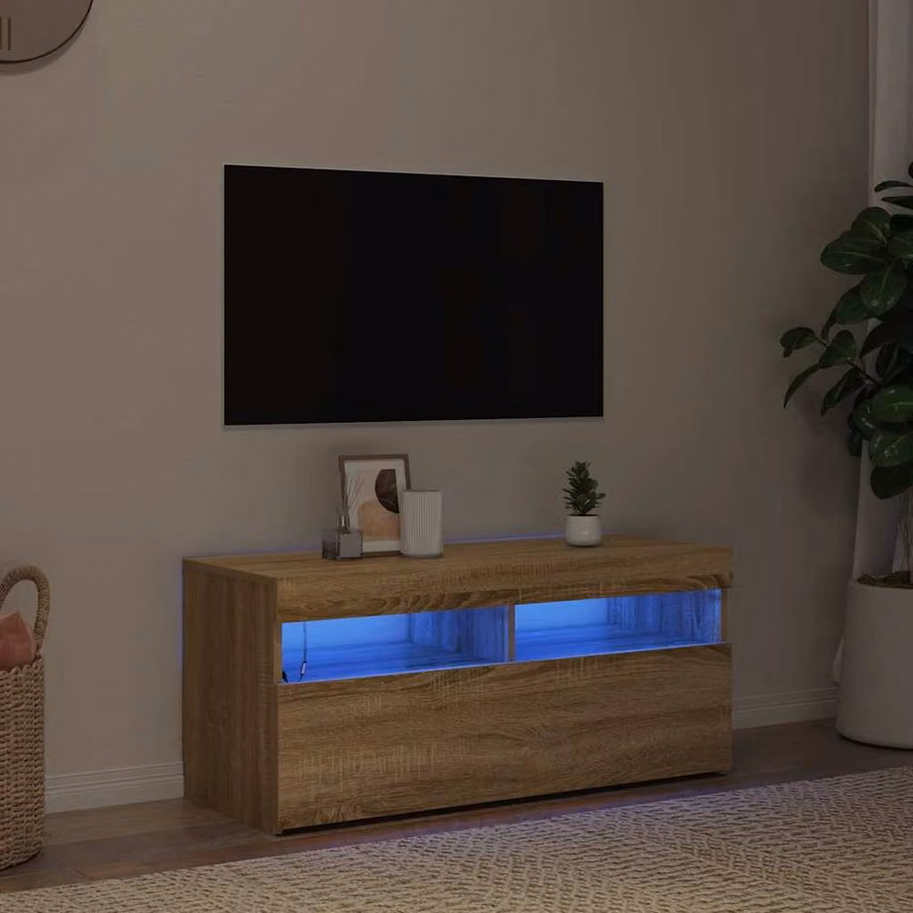 Berkfield Home Modern TV Cabinet with LED Lights in Sonoma Oak and Light Tan, W/D/H: 90 x 35 x 40 cm – 1
