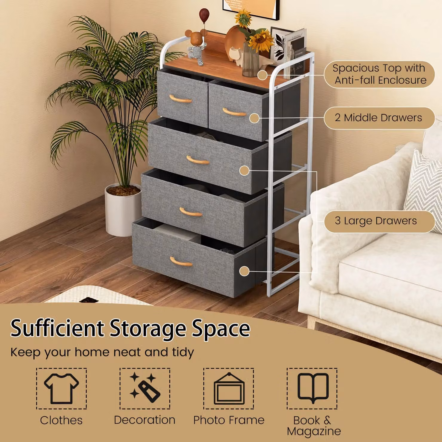 Gymax 5-Drawer Chest of Drawers with Wooden Top in Grey – 4