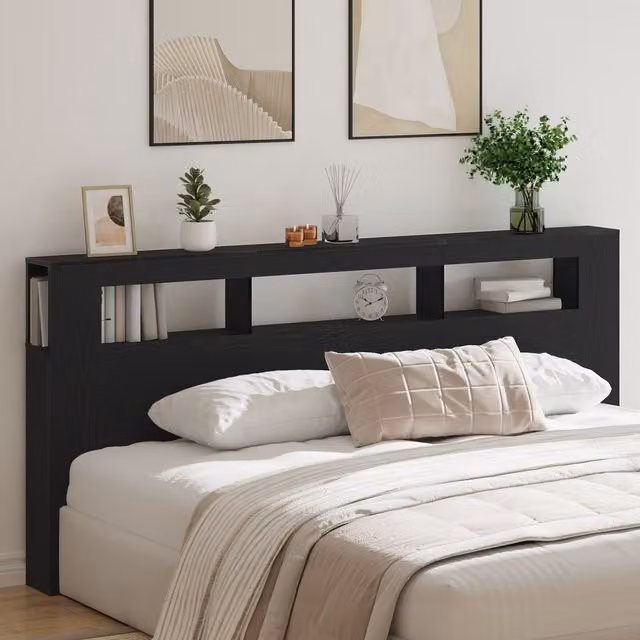 Berkfield Home Storage Headboard with LED Lights in Black Oak, W: 220 cm, D: 18.5 cm, H: 103.5 cm
