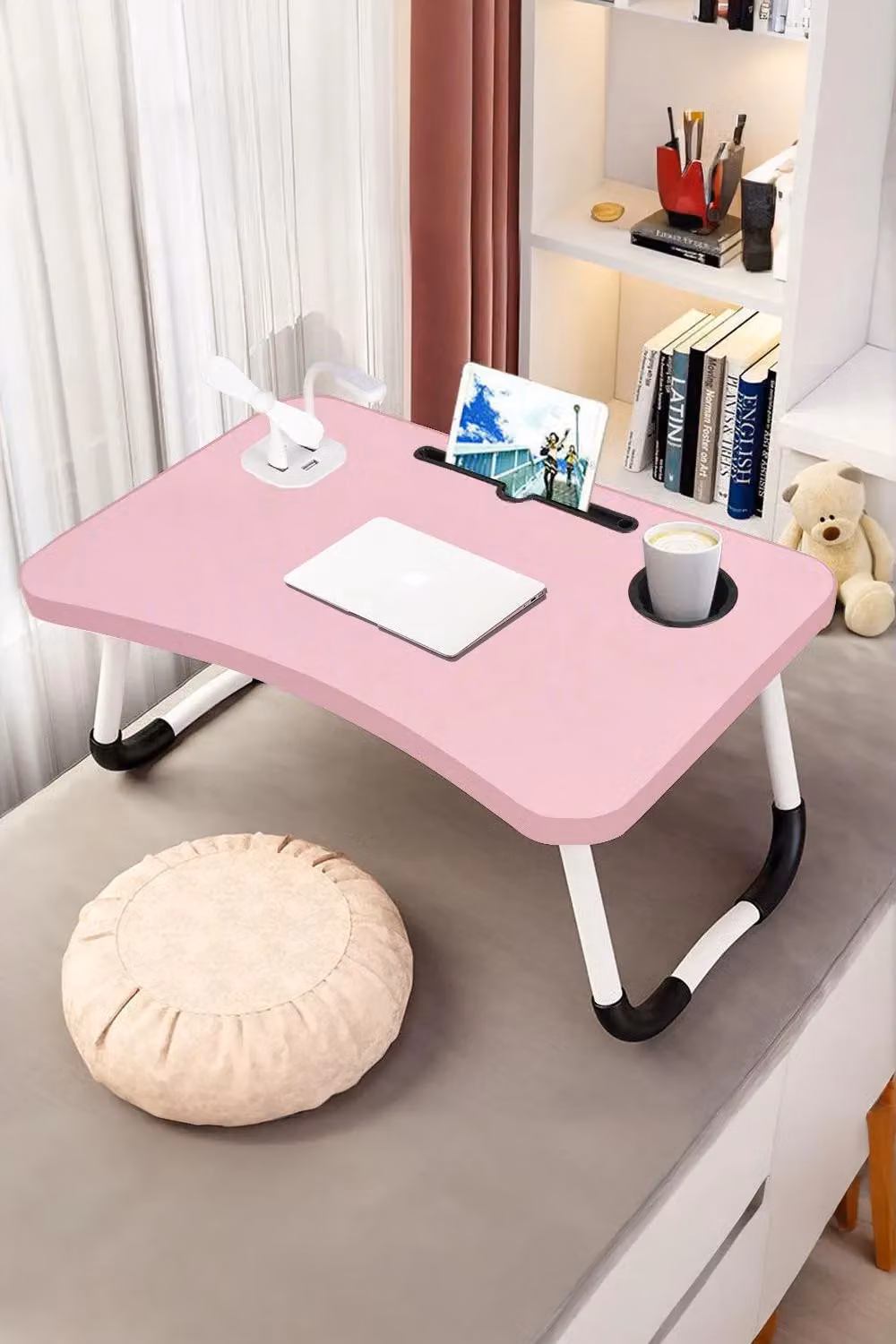 Living and Home Folding Laptop Bed Table with LED Light, Fan, 4 USB Ports, Tablet Slot and Cup Holder in Pink – 2