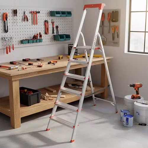 TUFFMATE 6-Step Aluminium Folding Ladder with Tool Tray and Rubber Feet, Silver, 150kg Max Load – 3