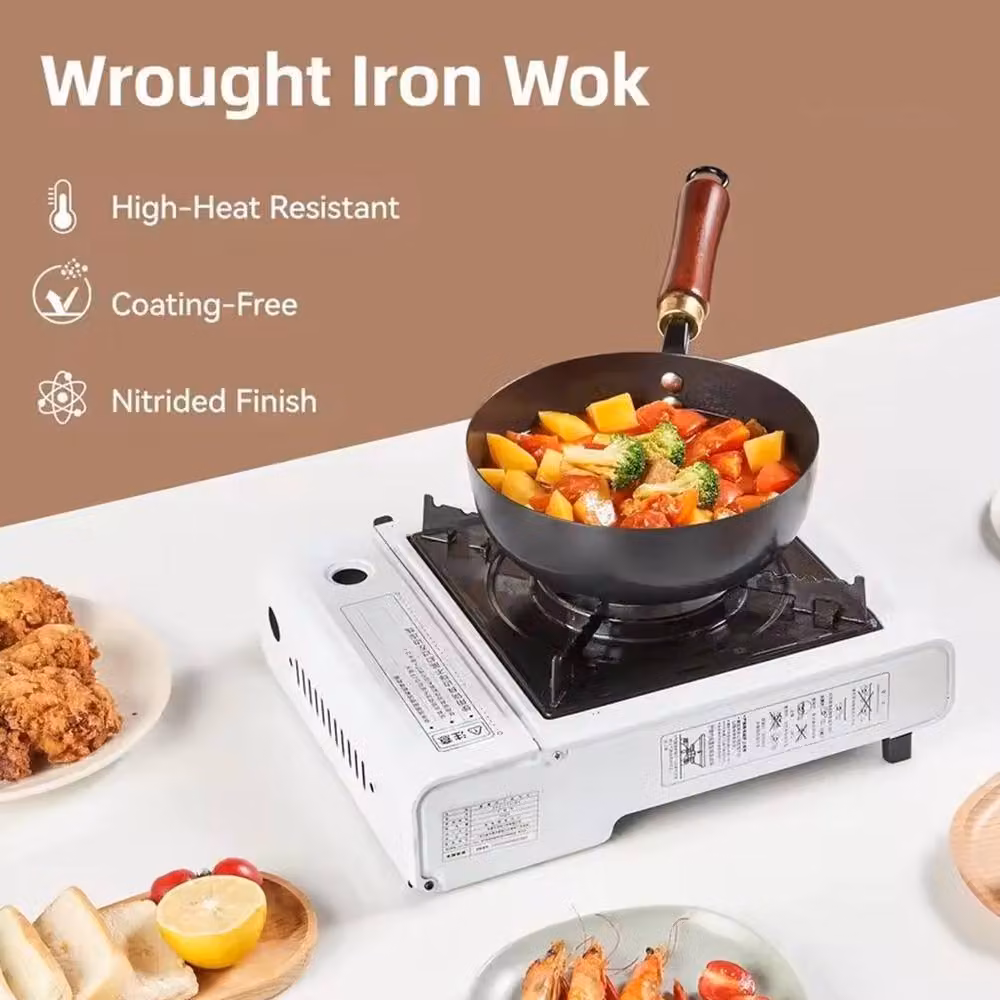 Ventryn Uncoated Cast Iron Wok with Wooden Lid Handle in Black – 5