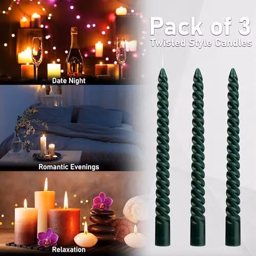 Deco Express Twisted Non Drip Spiral Dinner Candles, Non Scented, Green, Pack of 3 – 8