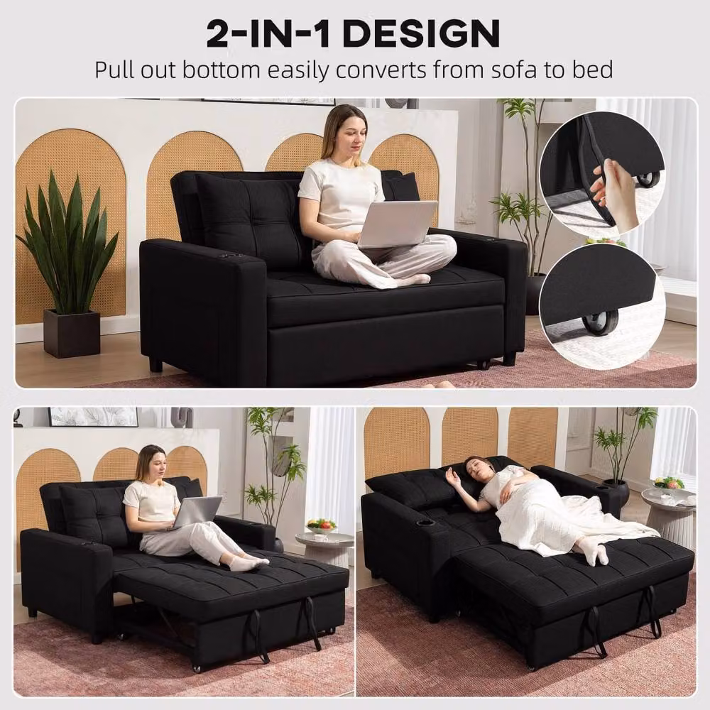 Wyld Haus Kanovi Black 2 Seater Pull Out Sofa Bed with Cup Holders – 4