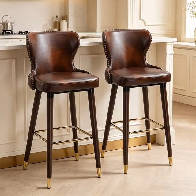 ERGOVEXA Set of 2 Brown PU Leather Bar Stools with Rubberwood Legs