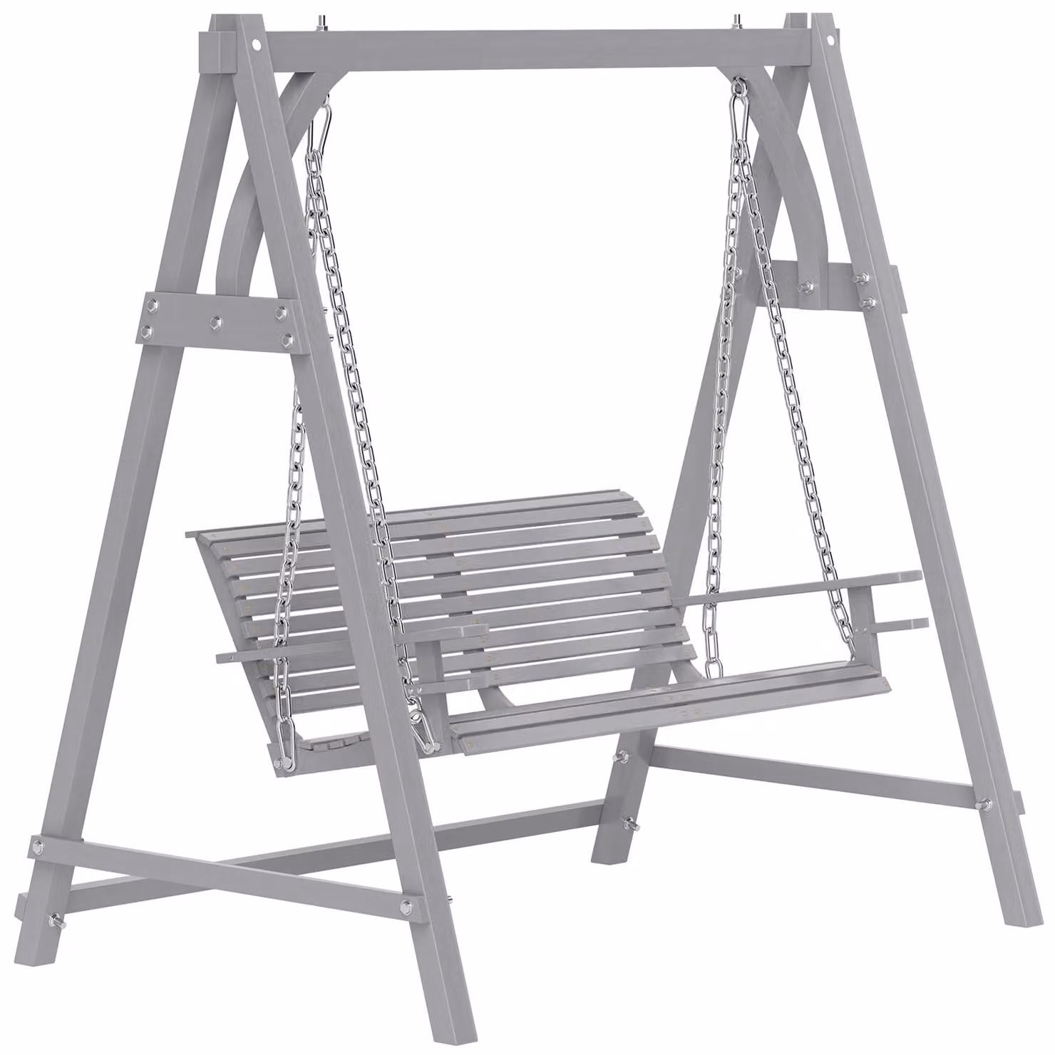 OUTSUNNY 2 Seater Grey Lacquered Larch Wood Garden Swing Seat Hammock Bench with Armrests and Side Trays – 2