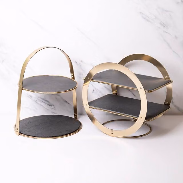 Artesa 2-Tier Round Slate and Wood Serving Stand Set in Anthracite and Gold – 1