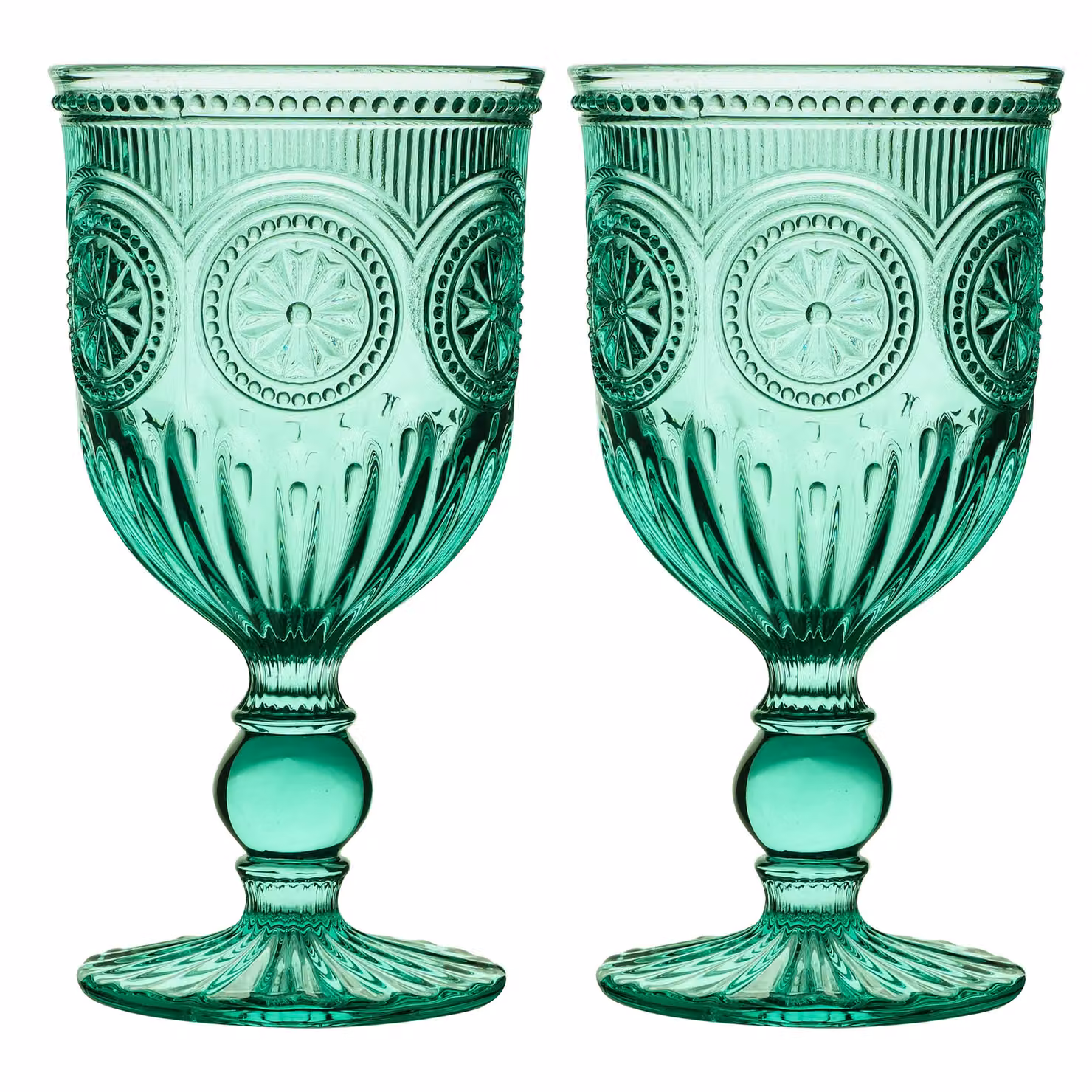 Dibor Set of 2 Turquoise Embossed Geometric Glass Wine Goblets, 290ml per glass – 2