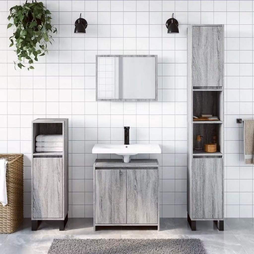 Berkfield Home 2 Piece Modern Grey Bathroom Furniture Set with Vanity Unit and Mirror Cabinet – 2