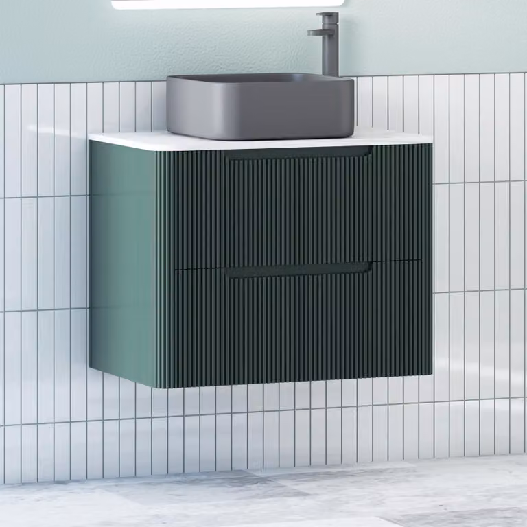 Royal Bathrooms Avenza Wall Hung Vanity Unit with Art Square Basin in Moss Green and White, 80cm Depth