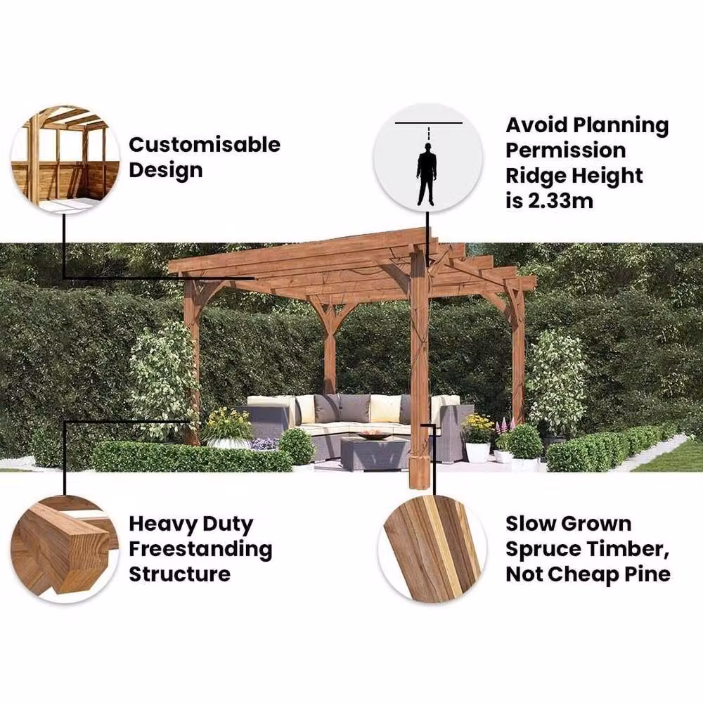 Dunster House Leviathan Wooden Garden Pergola Kit in Brown, W/D/H: 300 x 300 x 233 cm – 8