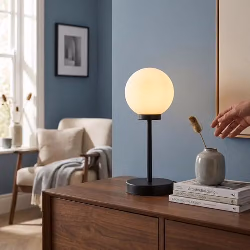 Happy Homewares Modern White Glass Globe Table Lamp with Matte Black Metal Stem, H 32 cm x W 13 cm x D 13 cm – 2