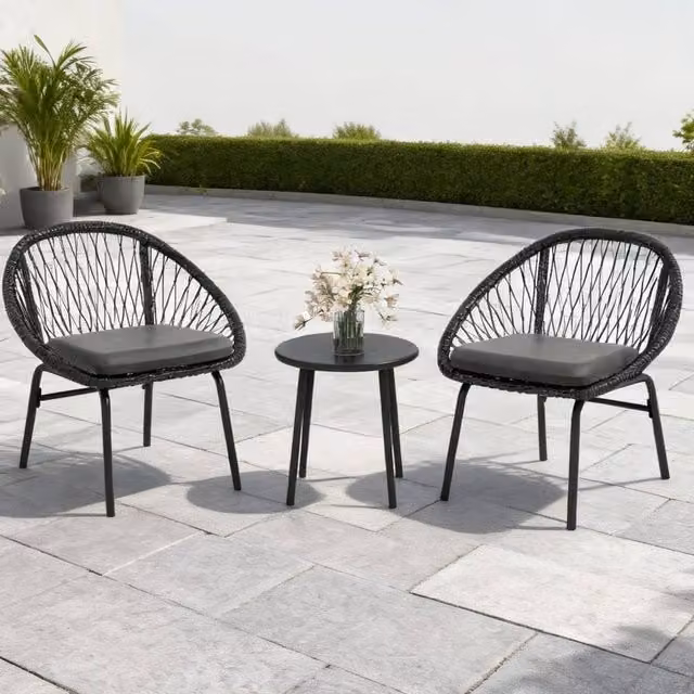 ERGOVEXA Three-Piece Black Rattan Bistro Set for Garden and Balcony