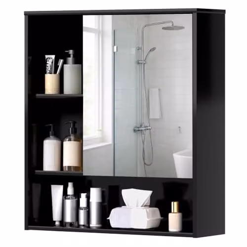 Levede Black Wall Mounted Bathroom Mirror Cabinet with HD Tempered Glass and Internal Shelves, W: 55.5 cm, H: 61.2 cm, D: 16.0 cm – 1