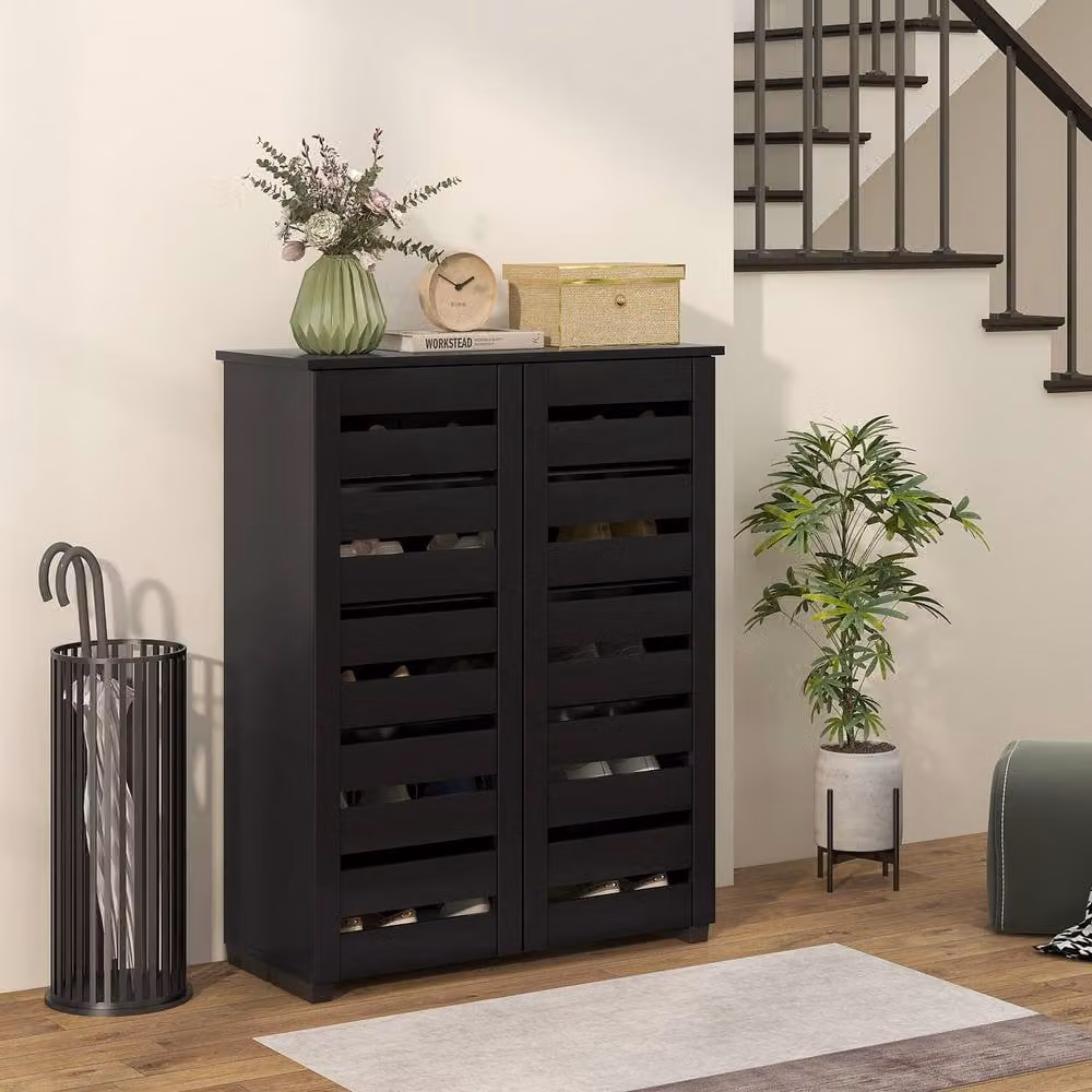 STILVORA Modern 5 Tier Black Shoe Cabinet with Hinged Slatted Doors – 2