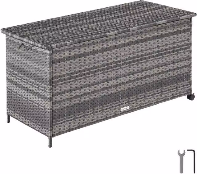 tectake Kuusamo Large Storage Box in Grey with Rattan and Aluminium Frame and Castors