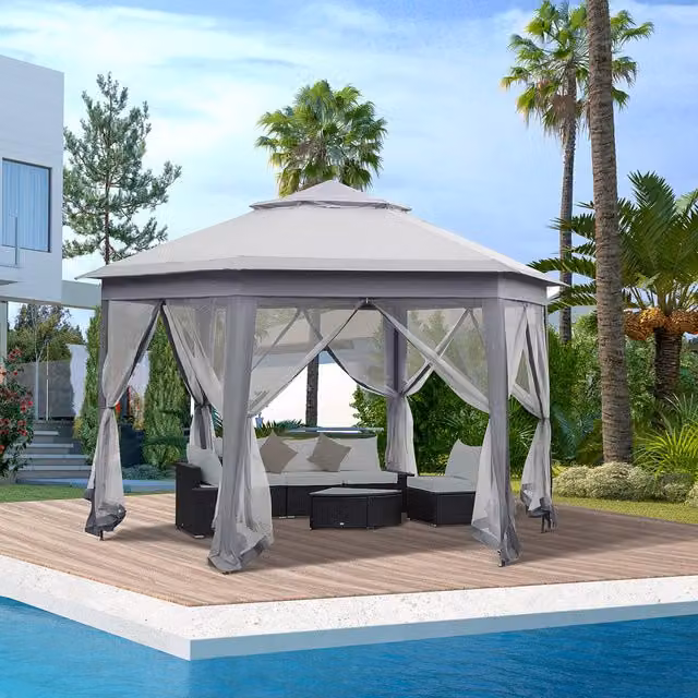 Outsunny Grey Hexagon Pop Up Garden Gazebo with Metal Frame, W: 3.4 m, D: 4.05 m, H: 2.85 m – 6