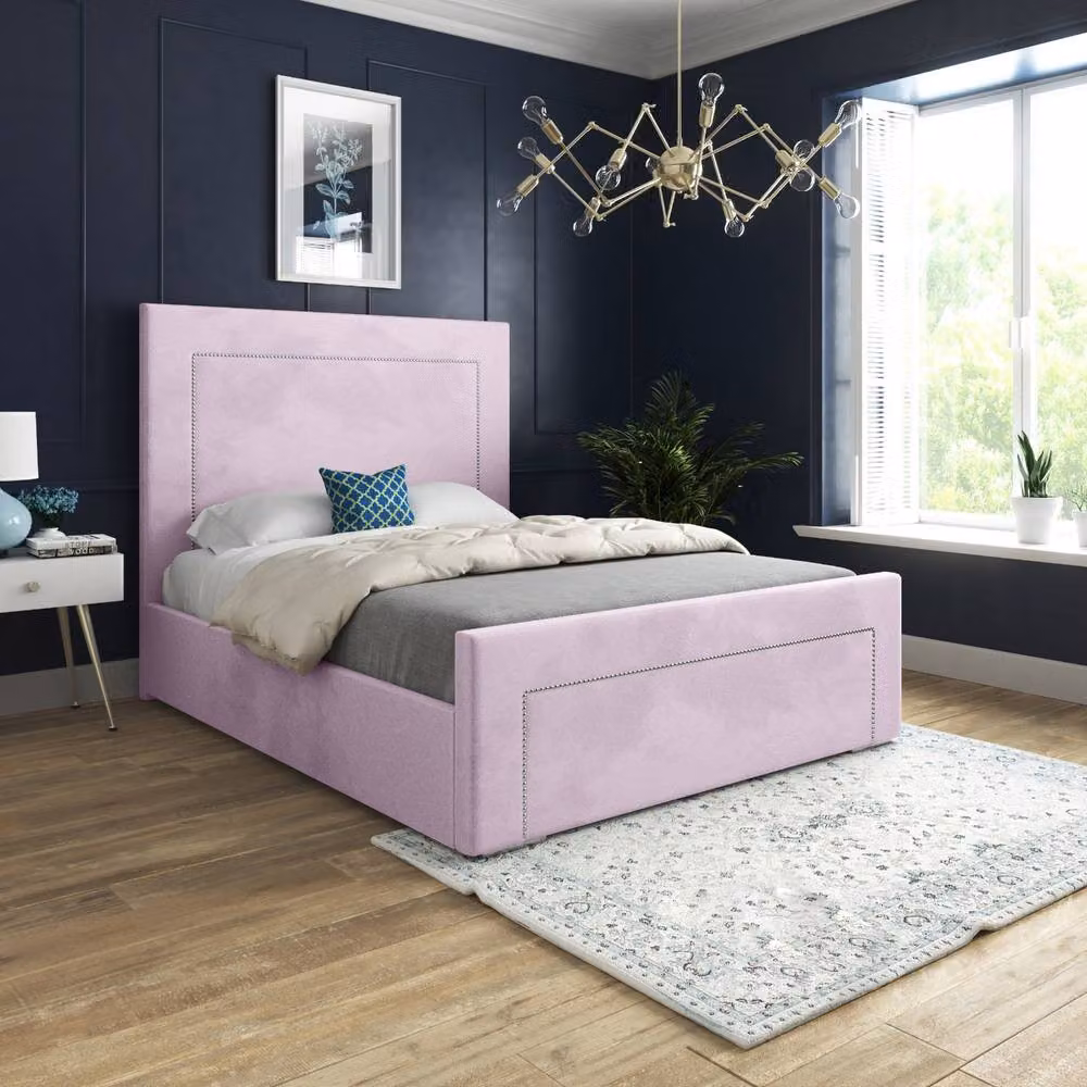 Casani Kettleshulme Modern Upholstered Pink Velvet Designer Bed Frame, W/D/H: 180 x 200 cm – 2