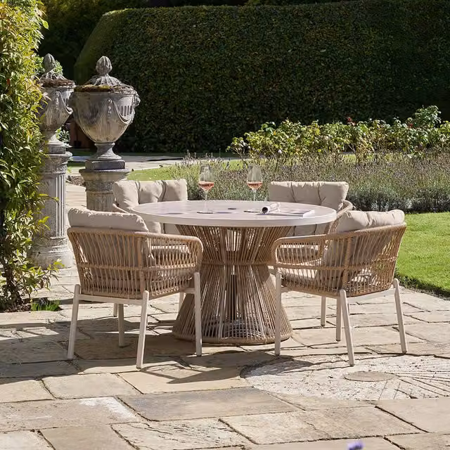 Martic Modern Round 4 Seater Outdoor Dining Set with Glass Table and Rattan Chairs in Beige and Brown