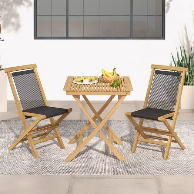 Costway Set of 2 Stackable Modern Garden Chairs in Brown Lacquered Teak Wood with Textilene Fabric and Armrests