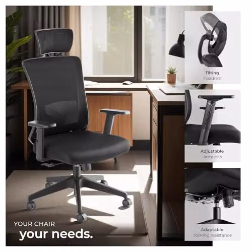tectake Ergonomic Office Chair in Black with Headrest, Armrests and 360 Degree Swivel Function – 7