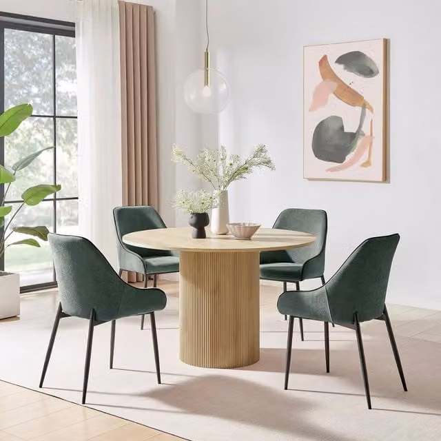 FurnitureboxUK Penrose Oak Effect Round Dining Table and 4 Beaumont Chairs in Green and Black