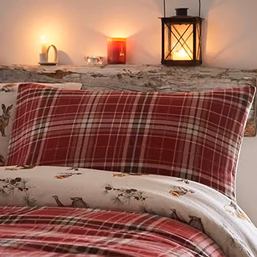 Dreams & Drapes Red Woodland Animals and Flannelette Checked Reversible Cotton Duvet Cover and Pillowcase Set, W/D/H: 200 x 200 cm – 3
