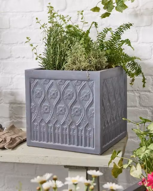 Dibor Grey Small Embossed Fibreclay Outdoor Garden Planter Pot W: 30.0 cm, D: 29.5 cm, H: 30.0 cm – 1