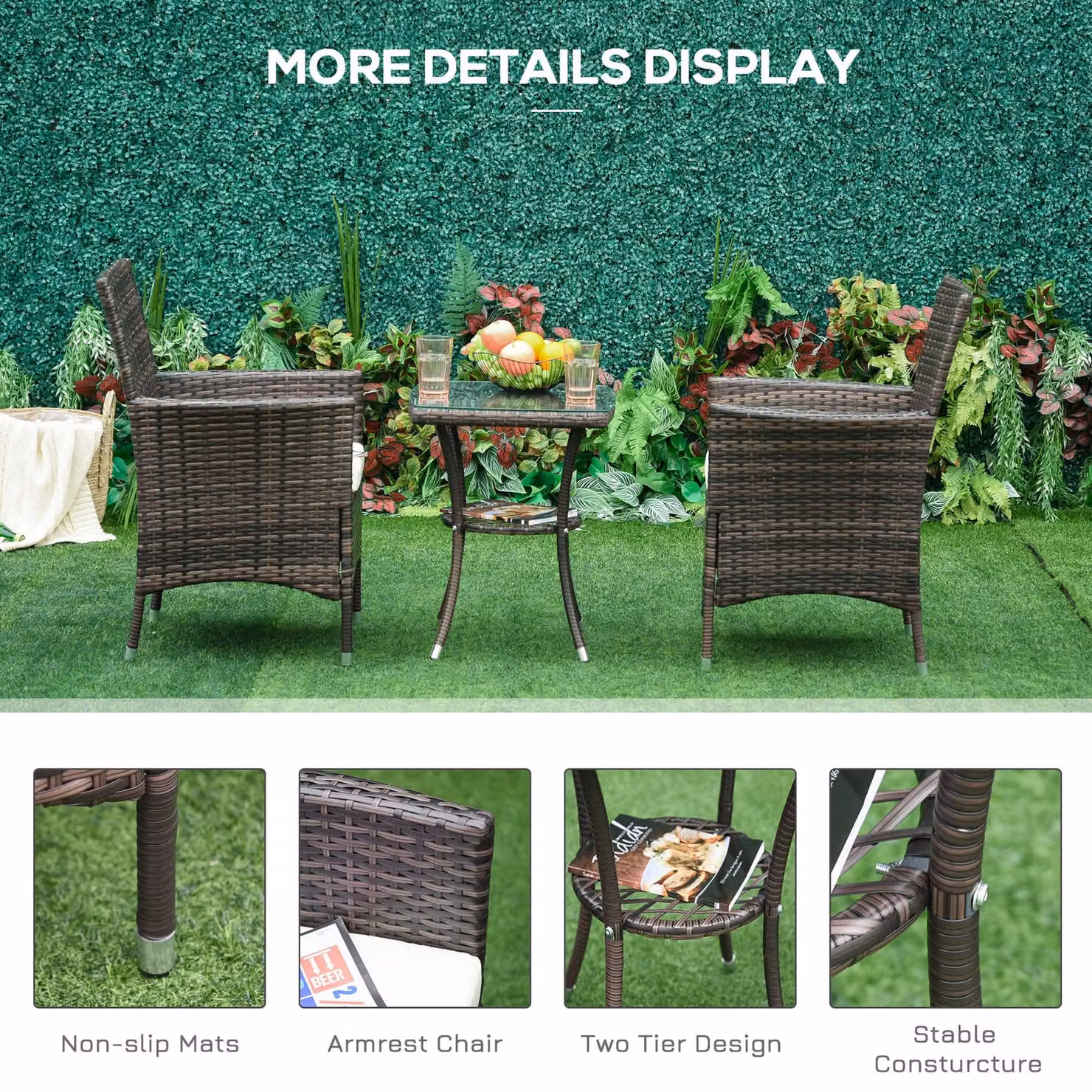 Outsunny 3 Piece Rattan Bistro Set with Glass Top Table and 2 Chairs in Brown – 6