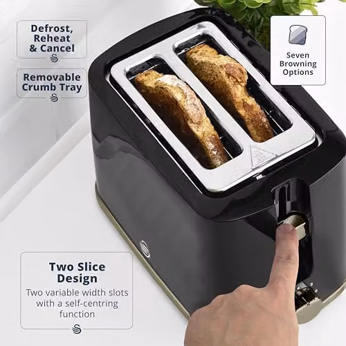 Swan Windsor Breakfast Essentials Bundle with 1.7L Rapid Boil Kettle and 2 Slice Toaster, Black and Gun Metal Brass, EEJB432 – 3