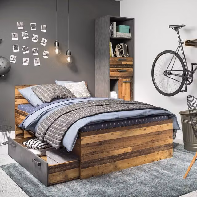 Furniture To Go Brooklyn Bed in Walnut with Bedside Shelf and Side Compartments, W/D/H: 120 x 200 cm