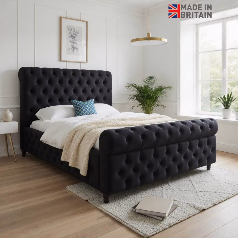 KDMD Wareham Sleigh Upholstered Designer Bed Frame in Black Soft Velvet, W/D/H: 128 x 119 x 200 cm – 3